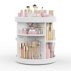 a round shelf with various cosmetics and makeup products on it, all organized in the shape of a tower