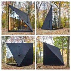 four different angles of a triangular structure in the woods with trees and leaves surrounding it