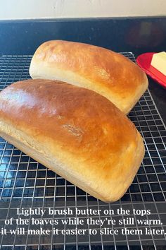 two loafs of bread sitting on top of a cooling rack next to each other