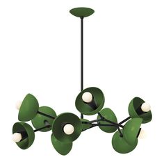 a green chandelier with eight lights hanging from it's center and two white balls in the middle