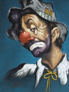 a painting of a clown wearing a hat and holding a red ball in his mouth