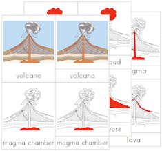 four different volcanos are shown with the names and pictures below them in red, white, and blue