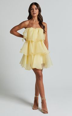 Ritta Mini Dress - Strapless Layered Dress in Yellow | Showpo USA Hot Prom Dress, Ruffle Romper, Mini Short, Short Prom, Invisible Zip, Black Prom Dresses, Prom Dresses Lace, Homecoming Dresses Short, Homecoming Dress