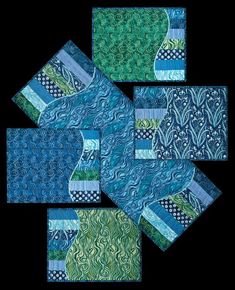 several pieces of blue and green quilting on top of each other with different patterns