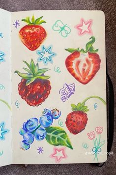 an open notebook with drawings of strawberries and berries