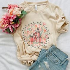 Cinderella's Castle Garden T-Shirt Floral Spring Disney Short-Sleeve Unisex T-Shirt. Disney inspired shirts for a Disney Vacation. @polkadotpixieshop White Disney T-shirt For Spring, Disney Cotton T-shirt For Spring, Disney Cotton Tops For Spring, Disney Character Print T-shirt For Spring, Disney Crew Neck Tops For Spring, Spring Disney Style Short Sleeve Tops, Disney Attire, Kinds Of Flowers, Castle Disney