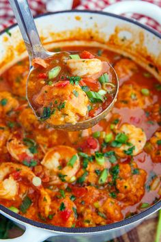 shrimp crock soup with bacon and cheddar dumplings in a large pot