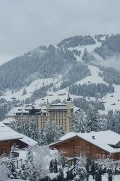 a snow covered mountain with buildings in the foreground and trees on the other side