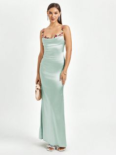 Mint Green  Collar Sleeveless Satin Floral,Plain,Random Print Cami Embellished High Stretch All Weddings & Events Ruched Satin Dress, Long Satin Dress, Elegant Long Dress, Satin Evening Gown, Dress With Flowers, Glamorous Party, Womens Prom Dresses, Evening Gown Dresses, Vestidos Prom