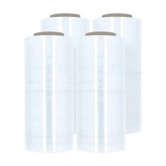 three rolls of clear plastic wrapper sitting next to each other on a white background