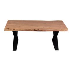 a wooden table with black metal legs