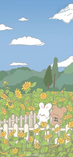 two cartoon animals are in the middle of a sunflower field with fence and trees