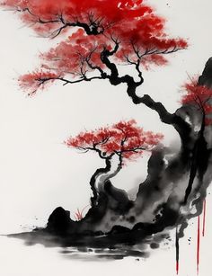 a painting with red and black ink on white paper