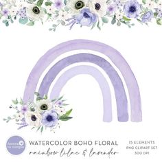 watercolor boho floral rainbow clipart with flowers and leaves on white background for commercial use