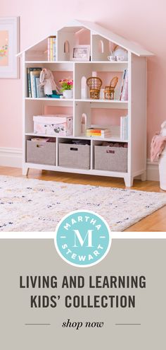 The Martha Stewart Living and Learning White Dollhouse Bookcase features large shelves for storing and displaying toys, books, stuffed animals and dolls. The dollhouse shape and unique doorway details and movable staircase also promotes pretend play using dolls up to 16" tall. Perfect for kids ages 3 and up, this unique wooden storage unit  comes complete with 3 fabric bins. This is the perfect addition in children's bedrooms, playrooms or learning spaces. Grandkids Room, Dollhouse Bookcase, Unique Bookshelves, Kids Doll House, Toddler Kitchen, Living Room Playroom, Fairytale Nursery, Big Girl Bedrooms, Fabric Storage Bins