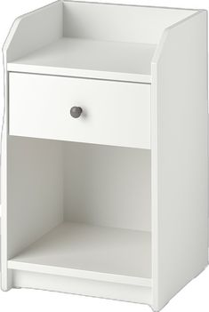 a white night stand with one drawer open