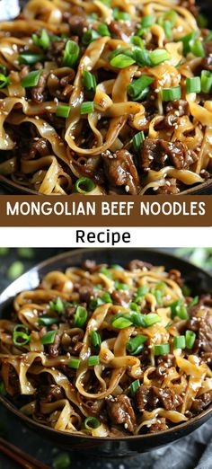 beef noodles are being cooked in a skillet and then topped with green onions on top