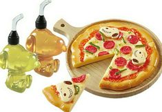 there is a pizza with toppings on the plate next to some plastic animals and bottles