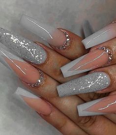 Silver Glitter French Tip Nails Long, Nail Designs, Nails, Design