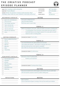 Podcast Planner! Use this EDITABLE Podcast Template as a checklist to plan your episode script and create content for your Podcast! This Printable Worksheet can be used to plan and track key conversation topics, triggers and your workflow Podcast Schedule Template, Podcast Outline Template, Podcast Journal, Podcast Planner, Planner Youtube, Content Calendar Template