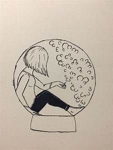 a drawing of a person sitting in front of a snow globe