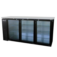 three glass door refrigerators with shelves and lights on the front, side by side