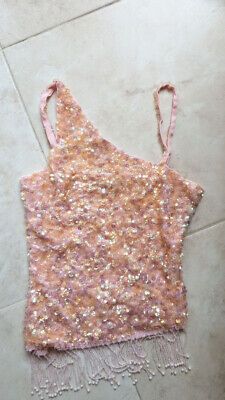 y2k Beaded Sequin Tank Top Paris Style One Shoulder Sz XS Fringed Beaded  | eBay Stretch Beaded Top For Party, Spring Party Beaded Top, Beaded Top For Spring Party, Fitted Sleeveless Holiday Tops, Fitted Beaded Tops For Spring, Fitted Embellished Pink Tops, Glamorous Fitted Beaded Tops, Beaded Sleeveless Top For Party, Spring Embellished Fitted Tops