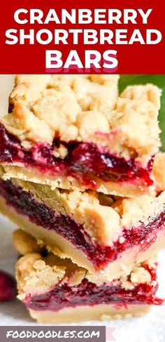 cranberry shortbread bars stacked on top of each other with text overlay