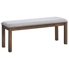 a wooden bench with a white upholstered cushion on it's backrest