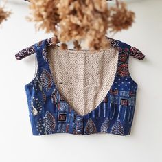 Indigo patchwork blouse Blouse Designs For Ajrakh Saree, Ajrak Blouse Designs, Blouse Baju Design, Indigo Blouse, Spaghetti Blouse, Sleeveless Blouse Designs, Kalamkari Blouse, Patchwork Blouse, Cotton Blouse Design