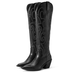 Black Mini Dress With Cowboy Boots, Tall Black Cowgirl Boots, Tall Black Western Boots Outfit, Pointed Toe Knee-high Boots For Western-themed Fall Events, Trendy Fitted Boots For Western-themed Events, Black Western Boots Outfit, Black Cowgirl Boots Outfit, Women Cowgirl Boots, Goth Cowgirl