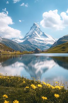 the mountains are covered in snow and have yellow flowers growing on each side of them