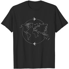 World Map Planes Travel T Shirt Travel T Shirt Design, Travel Tshirt, Plane Travel, Shirt Prints, Graphic Tshirt Design, Travel Shirts, Tshirt Design, Map Print, Black Print