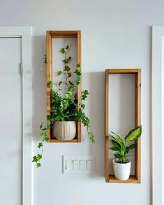 two wooden boxes with plants in them on the wall next to each other, one holding a potted plant