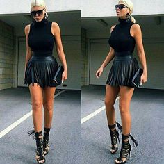 This Item Is A Two-Piece Sleeveless Turtleneck Dress And Fringe Gladiator Miniskirt. The Ensemble Is Both Sleek And Chic At The Same Time In Classic Black. Super Huge, Super Black Oversized Sunglasses Are A Must. Keep Accessories And Hair Minimal. Add A Red Lip And Strappy Gladiator Sandals And You're All Set. Turtleneck Shell Worn Once To Try On And Cleaned. Fringe Skirt Never Worn. Material: Polyester/Viscose. Dress Is Size S. Fringe Skirt Is Size L. Turtle Neck Sleeveless, Sleeveless Turtleneck Top, Tassel Skirt, Sleeveless Turtleneck, Turtle Neck Dress, Leather Mini Skirts, Casual Summer Dresses, Bodycon Mini Dress, Outfits Casuales