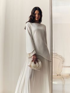 Maxi dress with pleated details :: LICHI - Online fashion store Chic White Dress With Pleated Hem, Elegant Chiffon A-line Pleated Dress, Pleated Long Sleeve Maxi Dress For Party, Pleated Maxi Length Long Sleeve Party Dress, Party Long Sleeve Pleated Maxi Dress, Chic Pleated Chiffon Dress With Pleated Bodice, Chic Chiffon Pleated Dress With Pleated Bodice, Long Sleeve Pleated Dinner Dress, Elegant A-line Midi Dress With Flowy Skirt