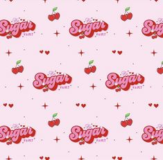 a pink background with the word sugar in red letters and hearts on it's side