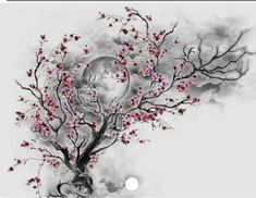 a painting of a tree with pink flowers on it's branches and the moon in the background