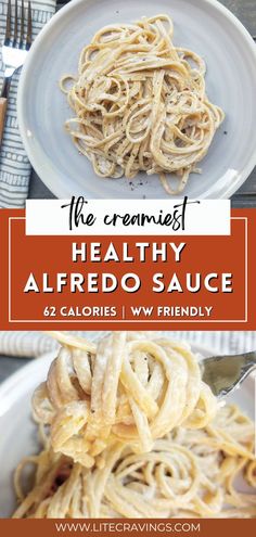 the creamy healthy alfredo sauce is ready to be eaten and served on a white plate