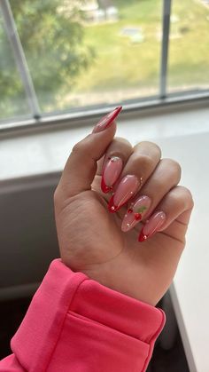 Summer nails cherry red Cherries Nails Acrylic, 3d Cherries Nails, Cherry Acrylic Nails Almond, Nails For Any Occasion, Glitter Cherry Nails, Cute Nails Cherry, Red French Tip Nails With Cherries, Red Cherry Nail Art, Pink And Red Cherry Nails