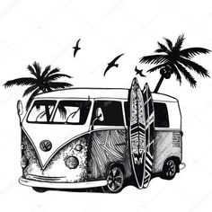 an old vw bus with surfboards on the beach and palm trees in the background