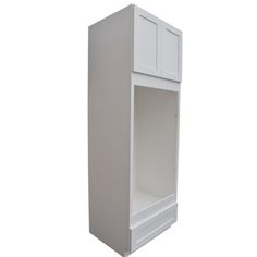 a white cabinet with two doors and one drawer on the bottom, against a white background