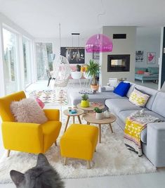 a living room filled with lots of furniture next to a cat laying on the floor