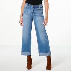 TWRHLL by Christie Brinkley Wide-Leg Cuffed Jean   The choice is yours with this cuffed twist on the classic 5-pocket jean. Its wide, cuffed leg has such a fun, retro feeling and can be uncuffed for a look that's perfectly elevated with a heel or cool and slouchy with a flat or sneaker. Fitness Activewear, Christie Brinkley, Cuffed Jeans, Hair Vitamins, Leg Cuffs, Hair Fragrance, Pocket Jeans, Fashion Clothes Women, Active Wear