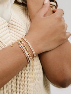 The Ultimate Pearl and Crystal Mixed Bracelet Stack on model Mixed Metal Jewelry Layering, Elevated Jewelry, Bracelet Stack Gold, Gold Bracelet Stack, 27 Club, Styling Jewelry, Gold Bracelets Stacked, Wrist Stacks, Bracelet Stacks