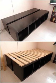 the bed frame is made up and ready to be used as a shelf for books