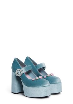 These platform mary janes have a velvet construction with rosebud appliques, platform soles, block heels, and an adjustable ankle closure with a beaded pearl buckle. Blue Velvet Shoes, Marry Jane, Velvet Shoes, Platform Mary Janes, Mary Jane Heels, This Is Love, Exclusive Collection, Blue Velvet, Platform Heels