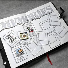 an open notebook with some stickers on the pages and writing that says mementoies