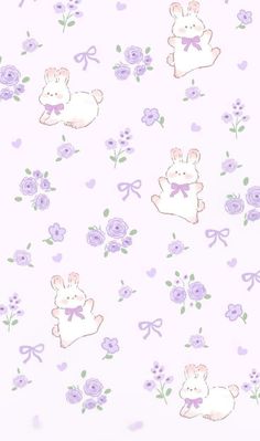 a pink wallpaper with purple flowers and bunnies on the bottom, in pastel colors