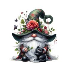 a painting of a gnome with a cat sitting next to it's face and flowers on his hat